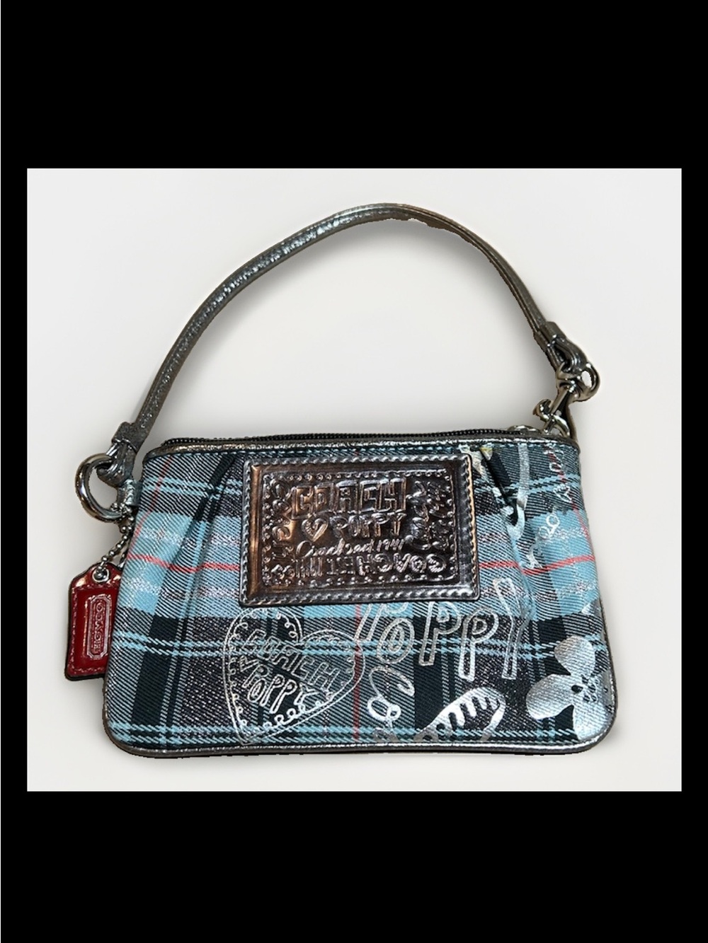 Coach Wristlet Poppy Tartan Plaid-Graffiti, Metallic Silver Leather Trim 2010